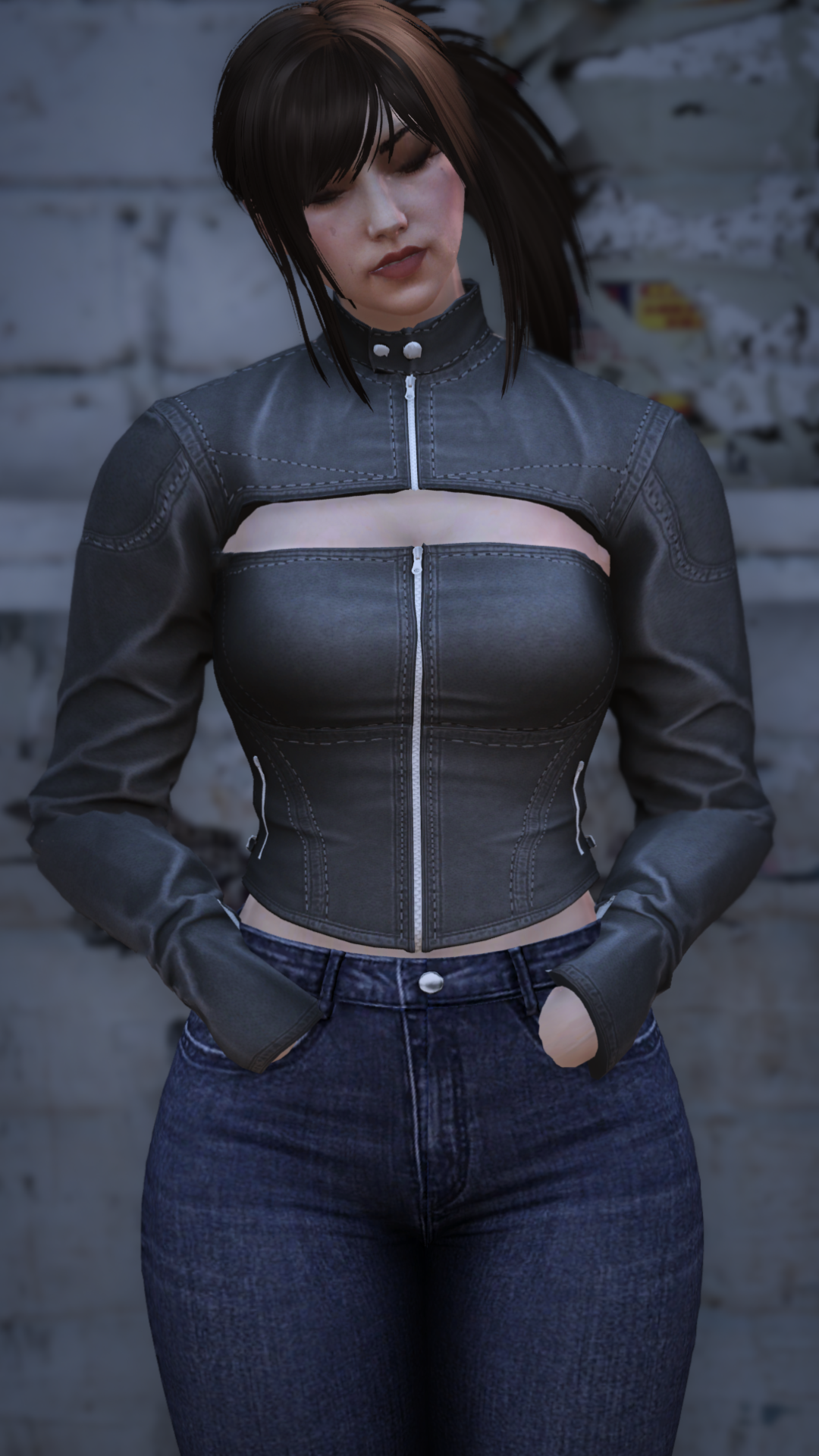 Thumbnail of High-Neck Cutout Denim Jacket in Black