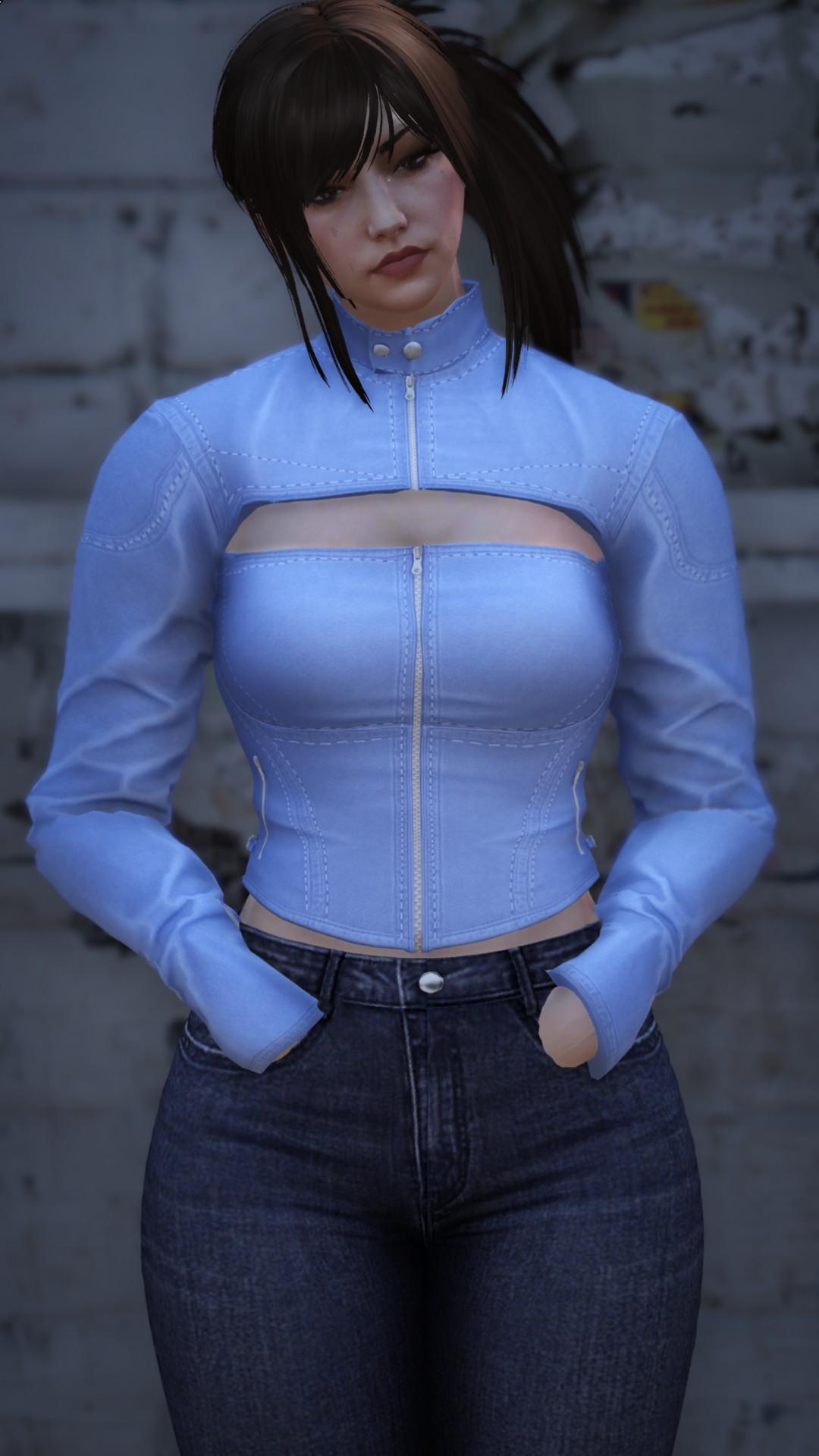 Thumbnail of High-Neck Cutout Denim Jacket in Blue