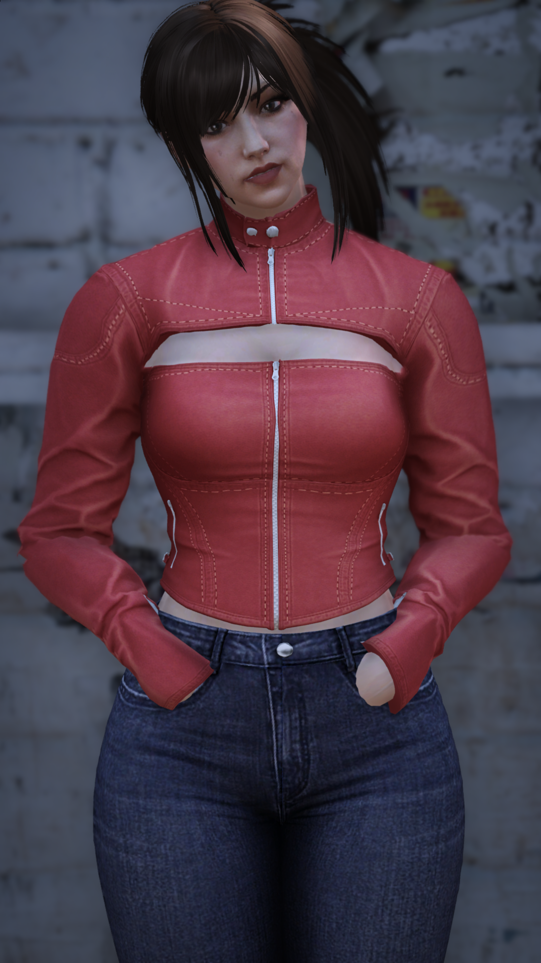 Thumbnail of High-Neck Cutout Denim Jacket in Red